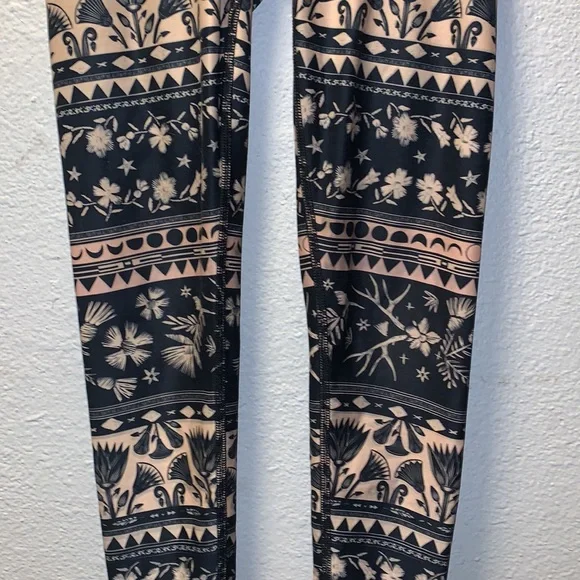 Rare Teeki leggings full length navy tan floral moon star antlers nature boho XS
